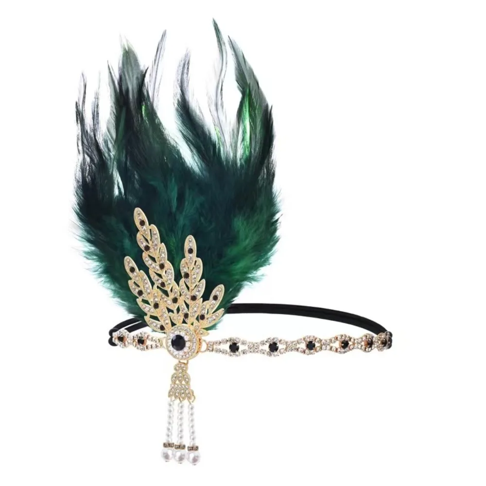 Trendy Elegant Feather Headband 1920s Vintage Masquerade Hair Band Diamond Makeup Party Hair Accessories Women