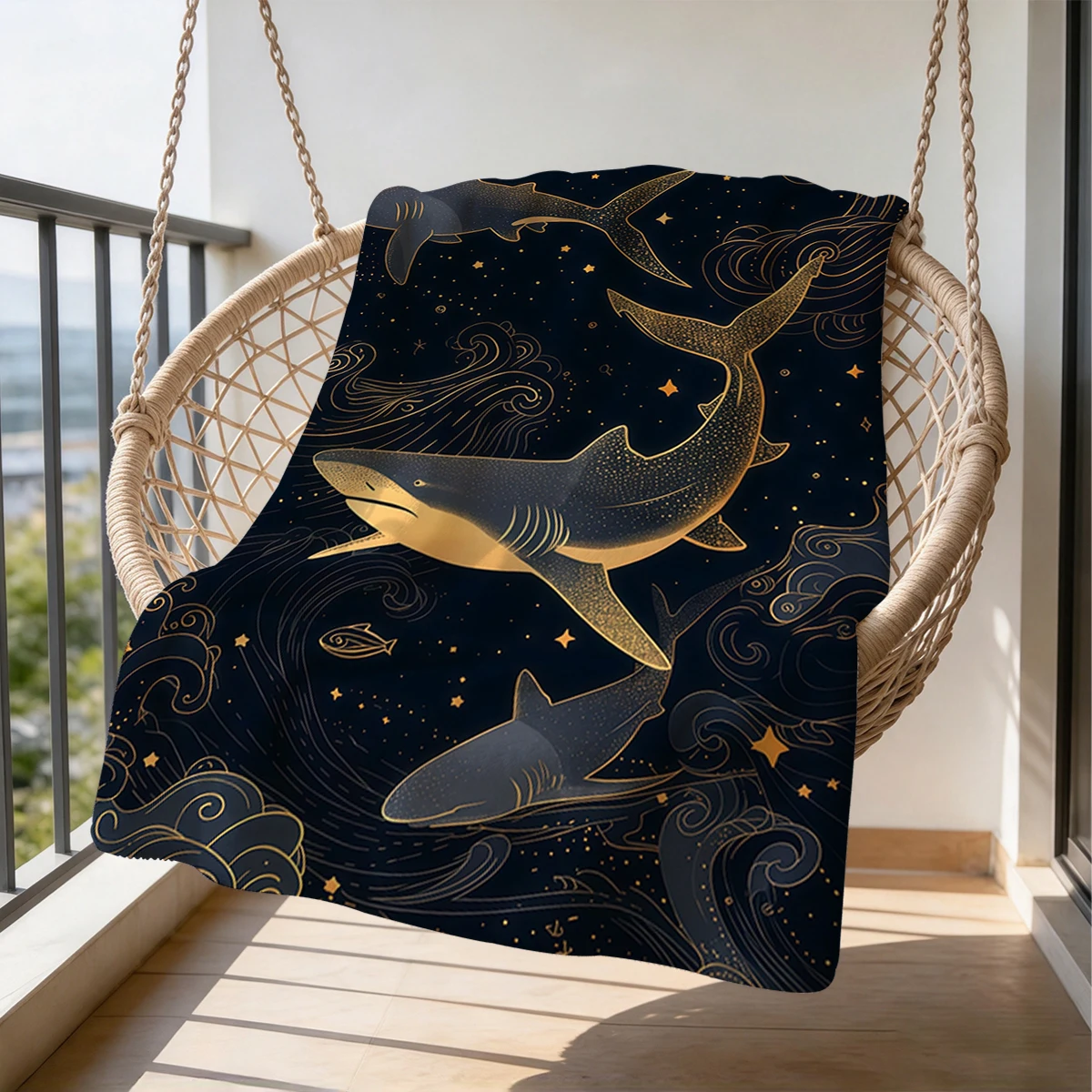 Star sky Sharks Flannel Blanket Warm Soft Halloween Christmas Couch Warm Cozy Decorative Decor Gift for All Season