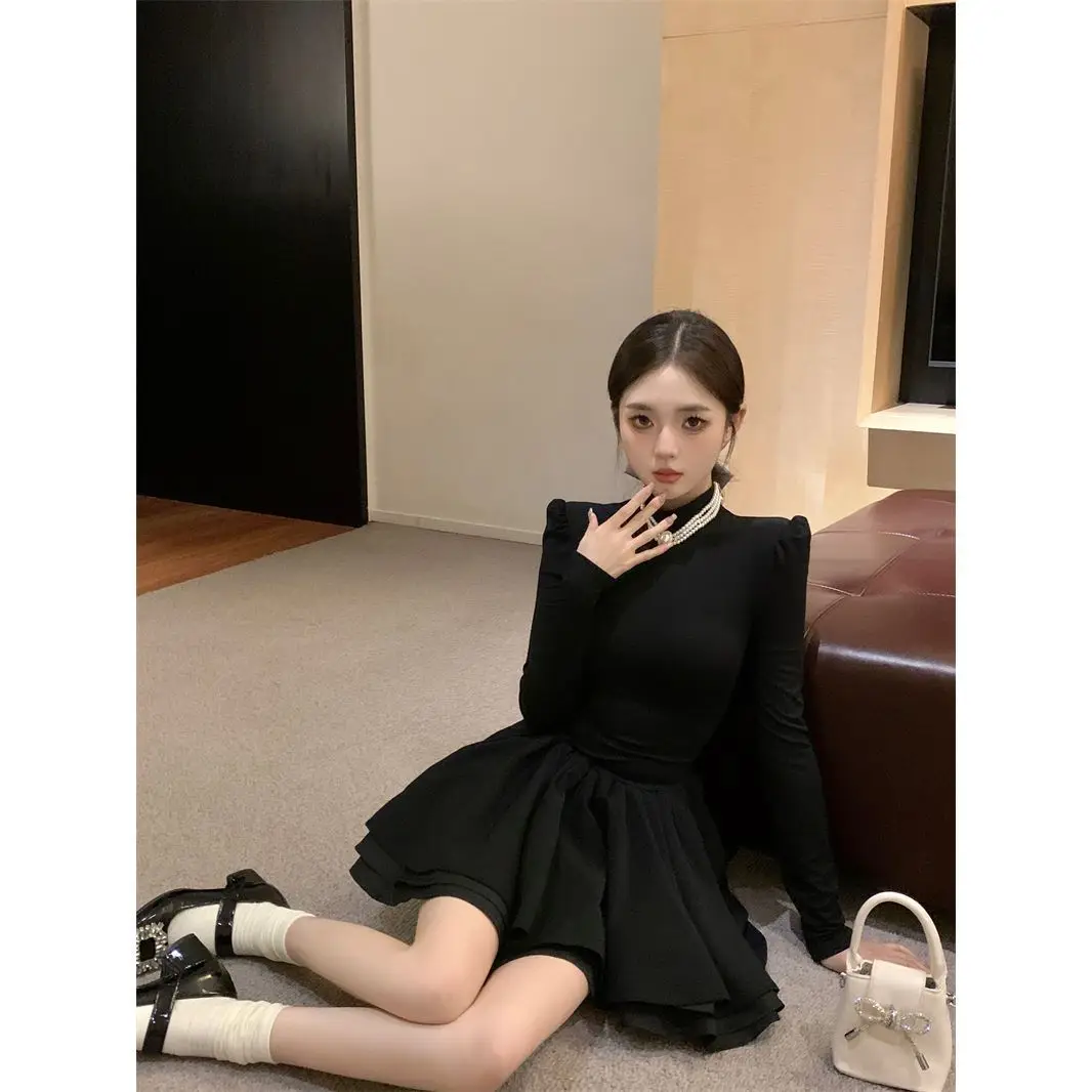 Graceful Princess Qianjin Birthday Formal Dress Dress Autumn and Winter Half-high Collar Base Inner wear Black Dress Puffy Sk...