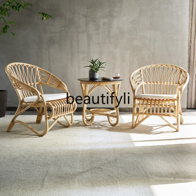 Natural rattan chair three-piece Nordic balcony leisure home elderly homestay rattan chair