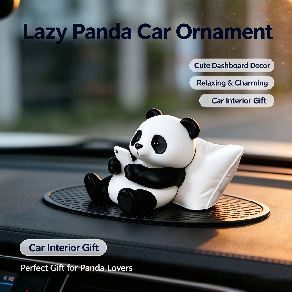 Cute Lazy Panda Figurine, Relaxing Panda with Pillow & Phone, Car Dashboard Decor Ornament, Desktop Resin Craft