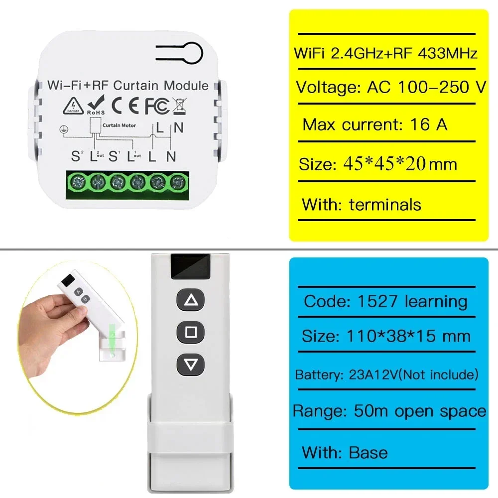 Tuya Smart WiFi Curtain Switch 433MHz Remote Control Module for Electric Roller Shutter Blind Motor Works with Alexa Google Home