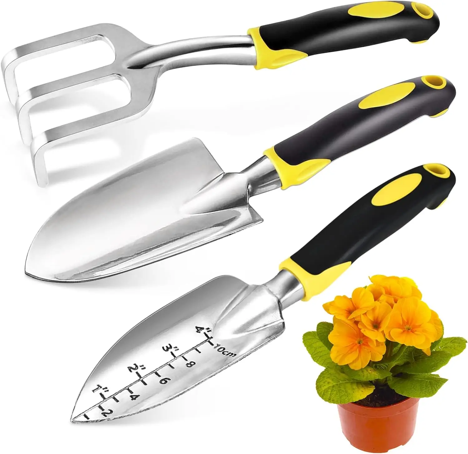 

Gardening Hand Tools 3 Piece Set - Garden Trowel, Transplanter, Hand Rake - Ergo Grip Handle - Bend-Proof & Rust-Proof Design