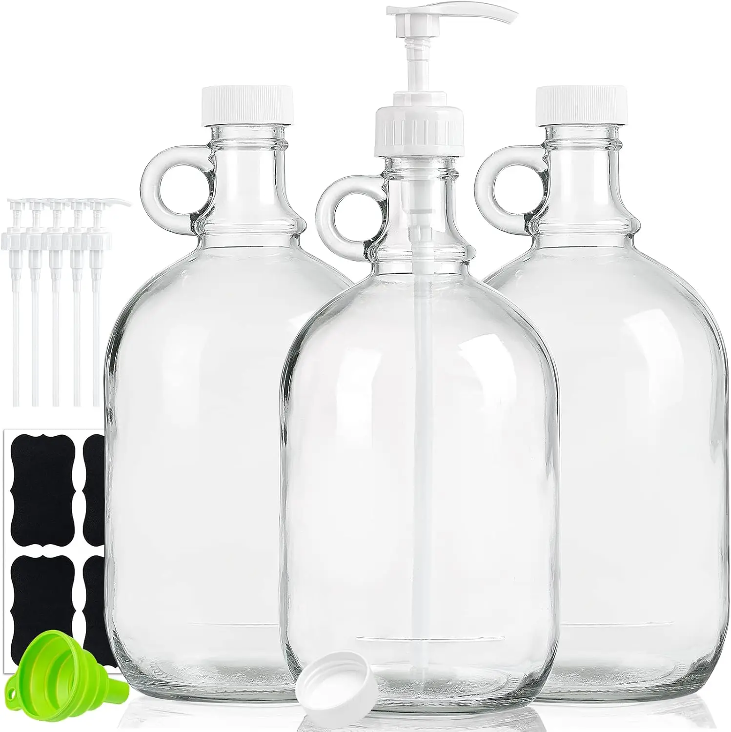 3 Pack 0.5 Gal Glass  Dispenser Bottle w 6 Pumps and 3 Airtight Lids! 64 Oz Glass Jug for Laundry Soap Dispenser, Liquid Deterge