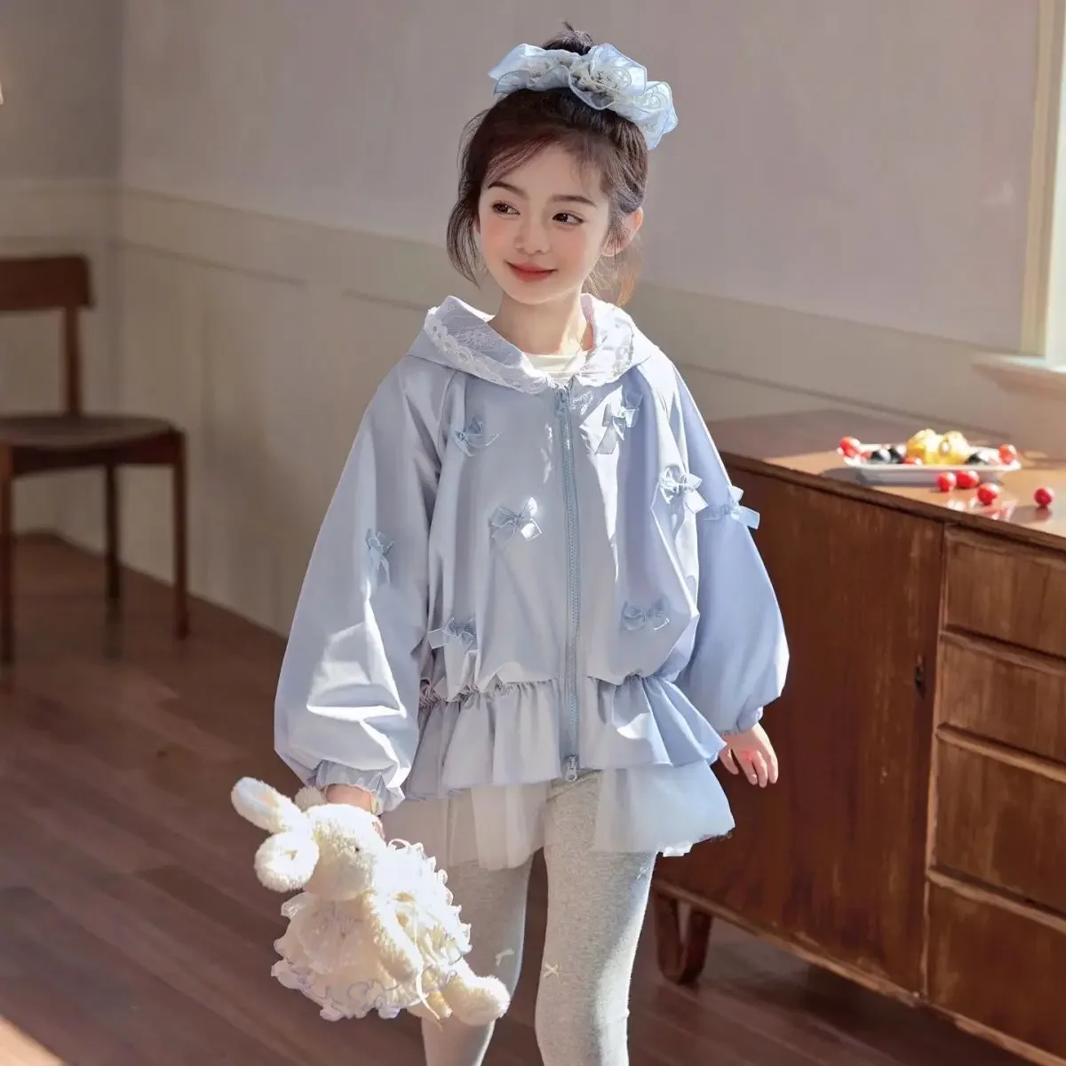 Girls Coat Jacket Spring and Autumn 2026 New Children's Solid Color Splice Lace Bow Jacket 5