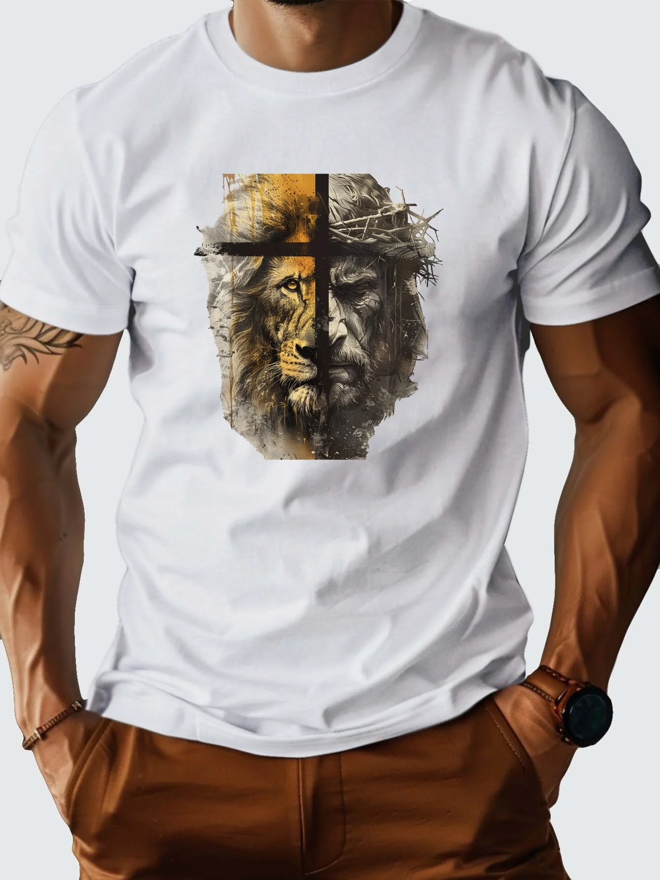 

Футболка с принтом Half Lion And Half Jesus, футболки для мужчин, повседневная футболка с коротким рукавом на лето