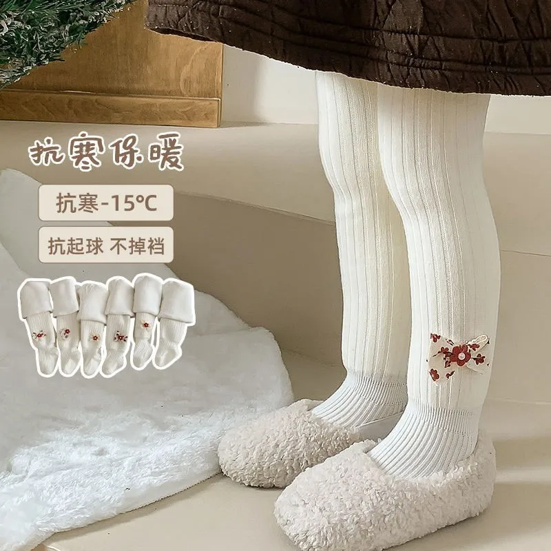 

Зимние колготки для девочек с бантом и флисом, толстые и широкие полоски, чисто белые леггинсы