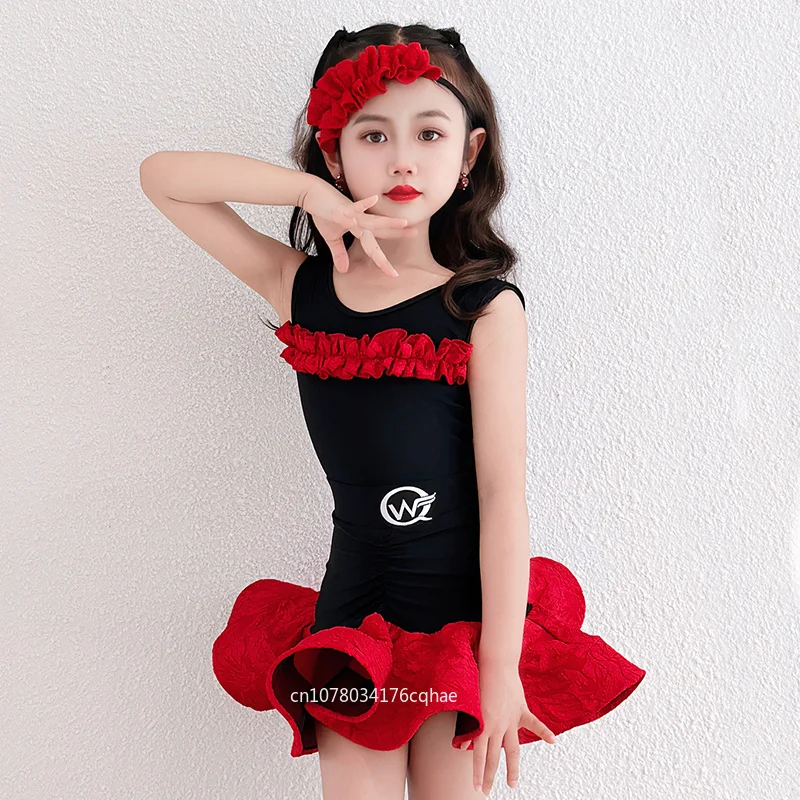 

Latin Dance Practice Performance Dress Kids Girls Professional Backless Bodysuit Fishbone Jacquard Skirt Competition Dancewear