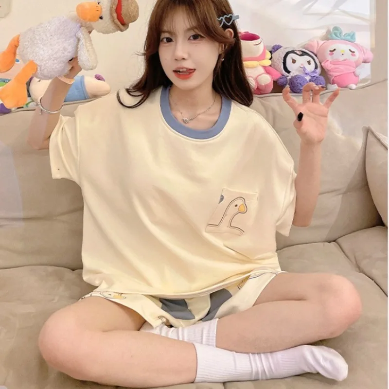 

Новый летний комплект женской домашней одежды: тонкая пижама с коротким рукавом, мультяшным принтом и встроенными чашками для сна