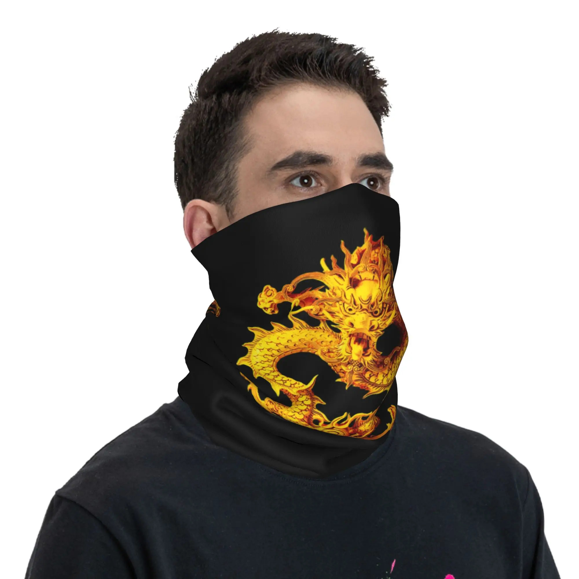 Custom Chinese Golden Dragon Bandana Winter Neck Warmer Men Windproof Wrap Face Scarf for Hiking Asian Oriental Style  Headband view 5