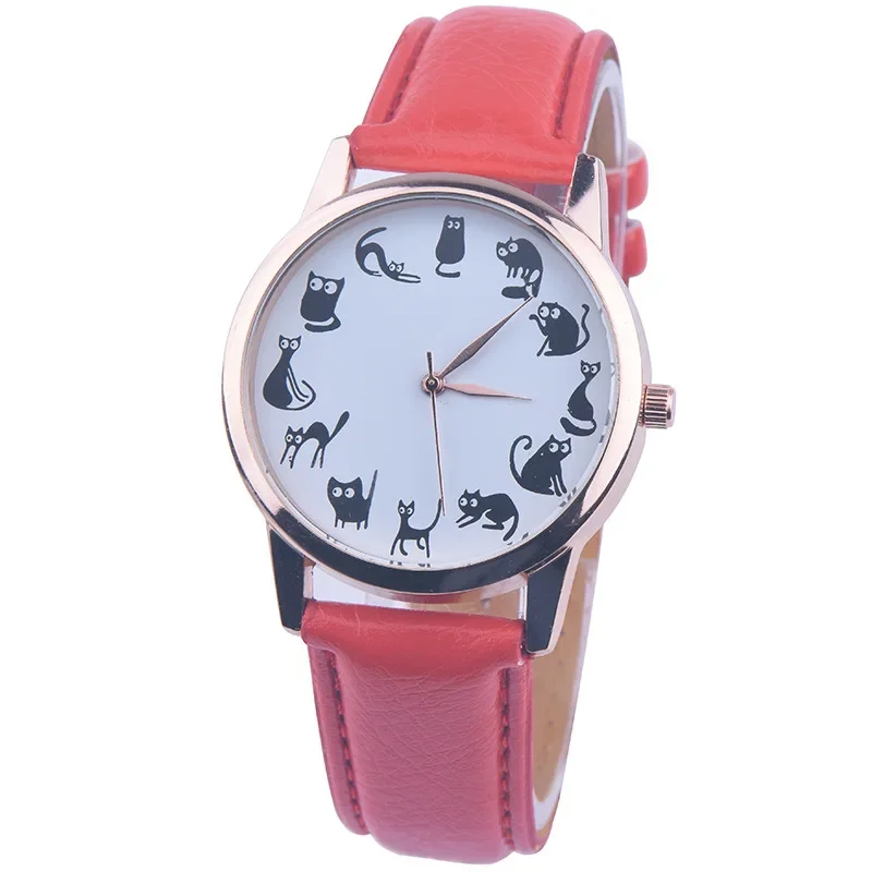 Moda kobiety zegarki Casual wzór z kotem z kreskówki skórzany pasek kwarcowy zegarek kobiety Relogio Feminino seks koliati Relojes