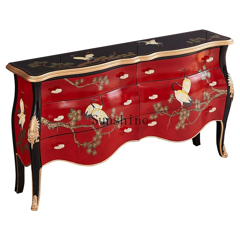 

Retro Chinese style hand-painted pine crane solid wood French porch decoration foyer side cabinet