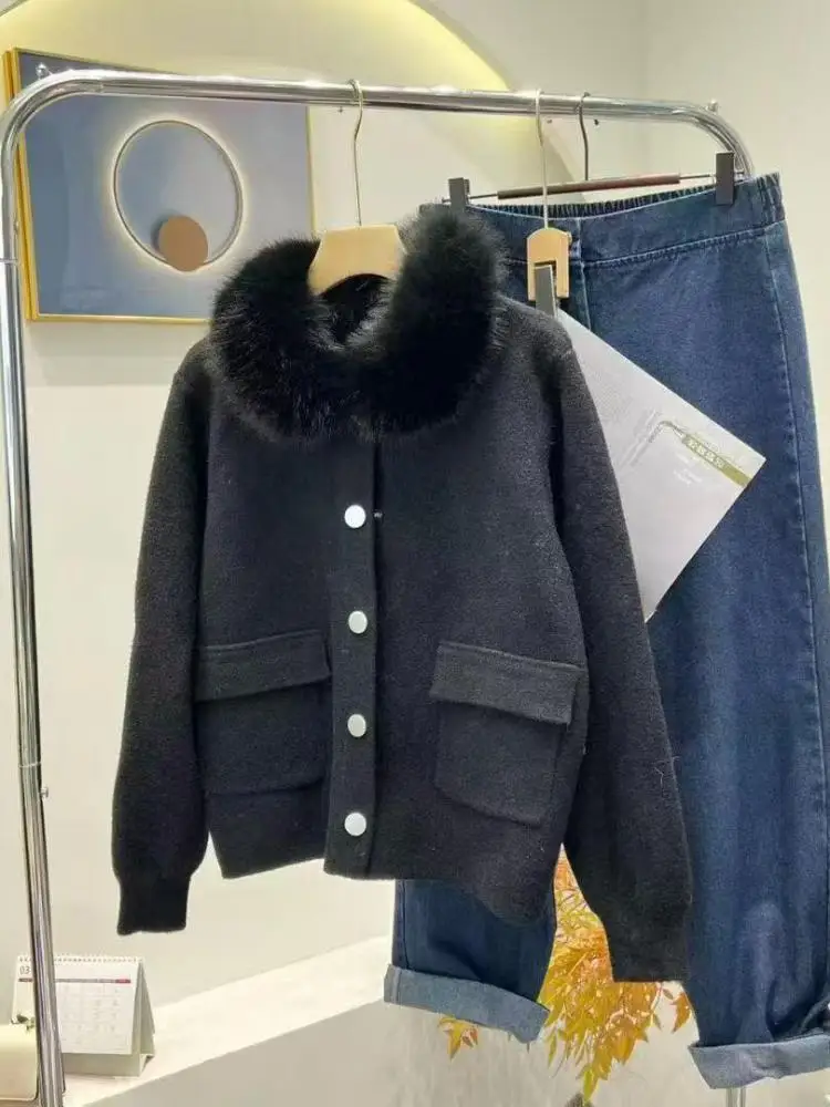 

Korean 2025 Autumn Winter New Black White Fur Collar Hooded Cardigan Coat Women's New Fashion Brown Single Breasted Short Tops