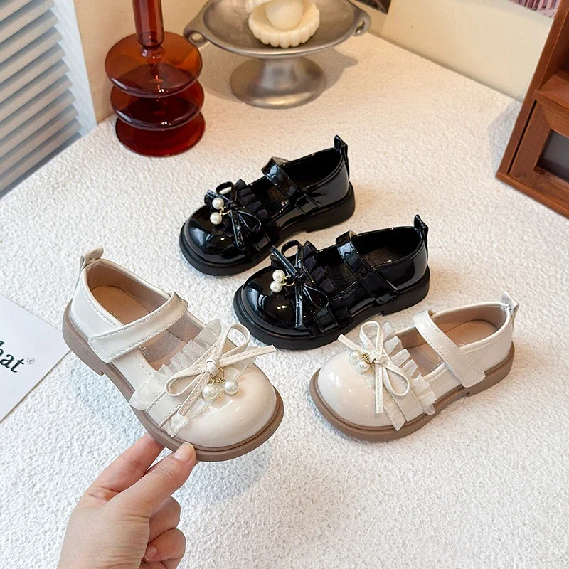 

Spring Autumn Children Leather Shoes Sweet Bowknot Lolita Girls Mary Jane Shoes Causal Princess Kids Lace Pleated Dress Shoes