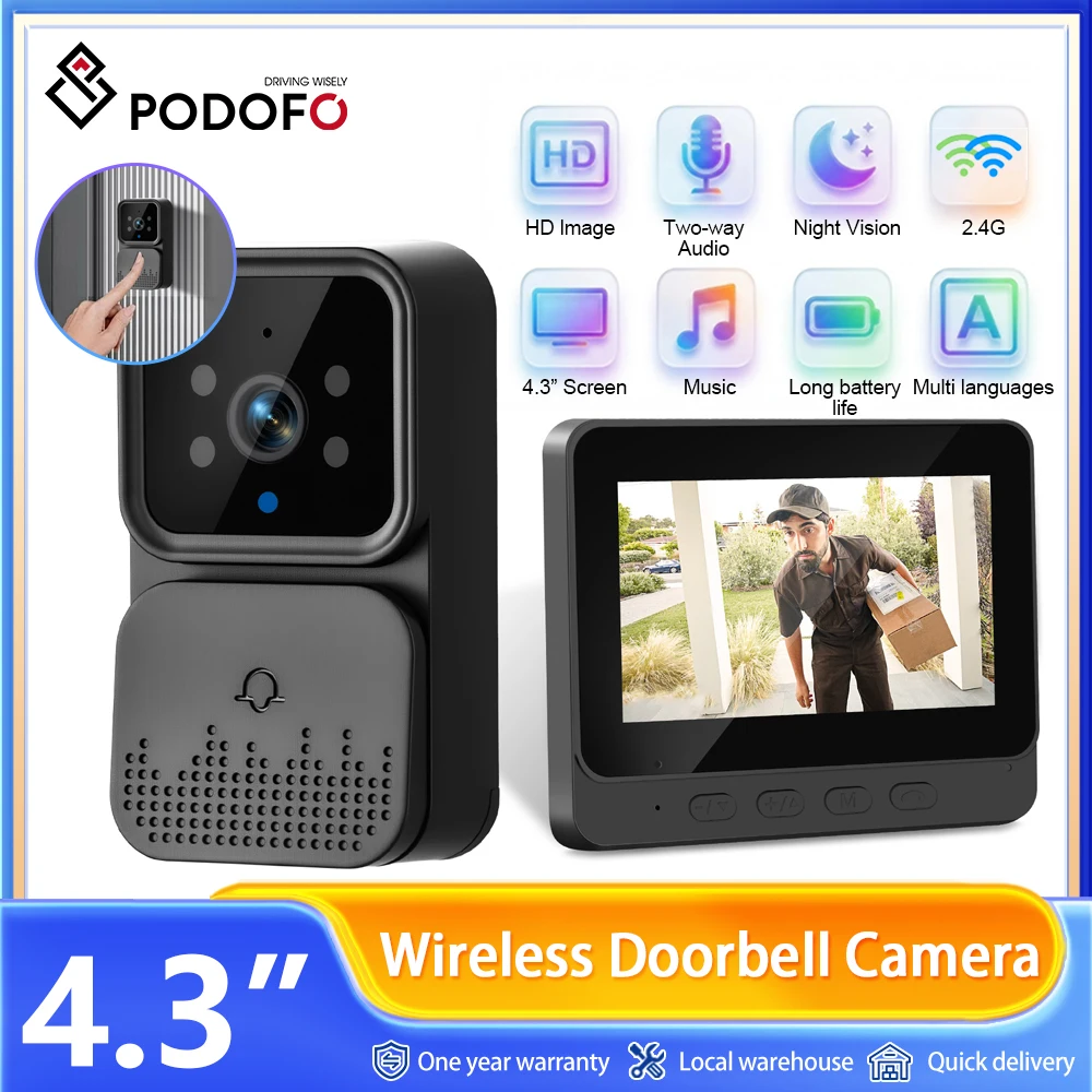 Sonnette vidéo sans fil 1080P avec écran IPS 4,3 pouces, vision nocturne infrarouge, interphone bidirectionnel 2,4G, sans Wi-Fi visible