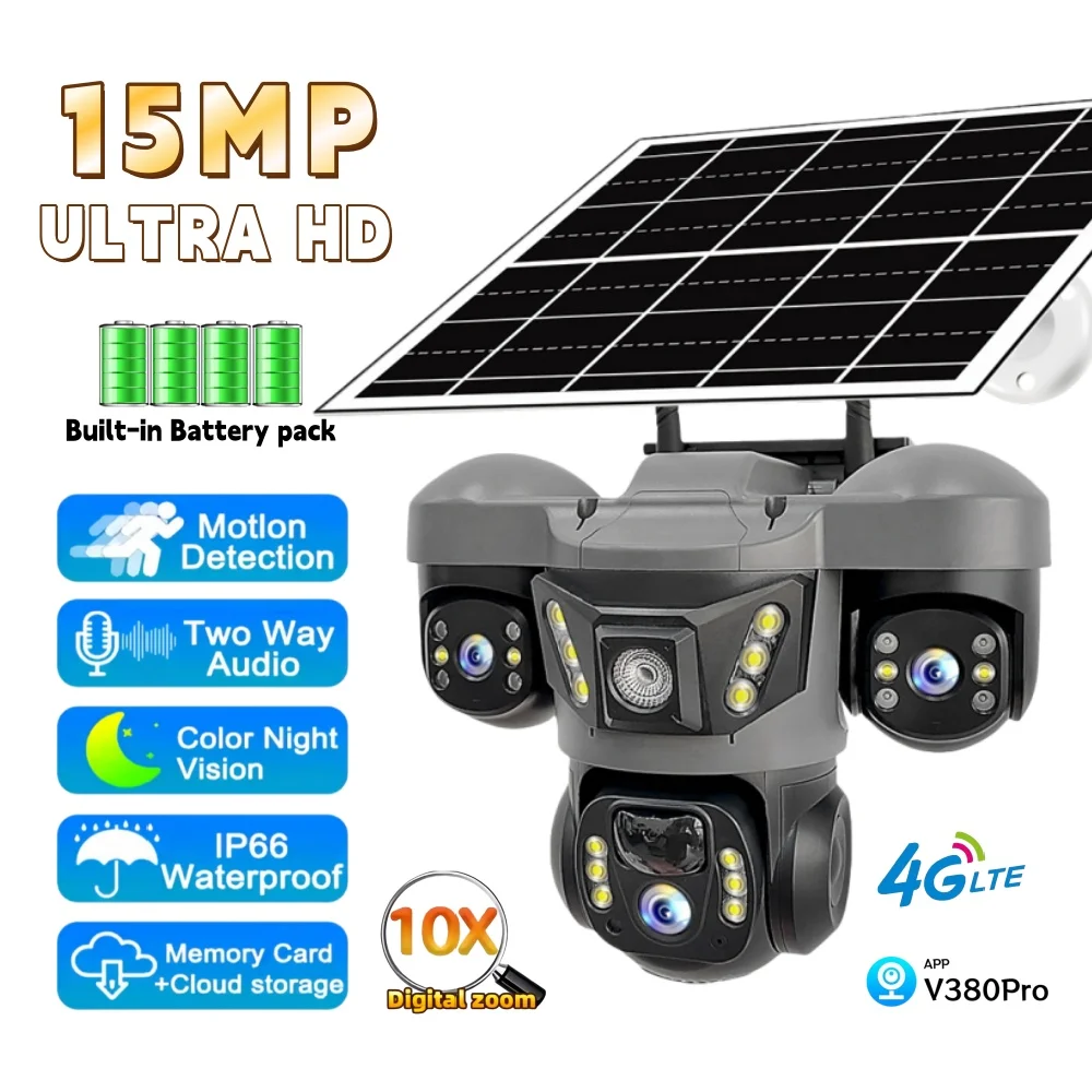 

Wireless IP Camera 4G Solar Camera Outdoor Surveillance 15MP Triple Lens Triple Screen Color Night Vision PIR Security IP66 CCTV