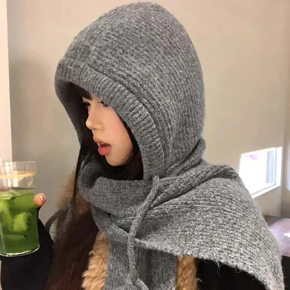 Koreanischer Winter-Stil: Balaclava-Mütze, einfarbig, dick gestrickt, Kapuzenschal-Kombination, gemütlicher Fleece, winddicht, integrierter Nackenwärmer – Detail 10