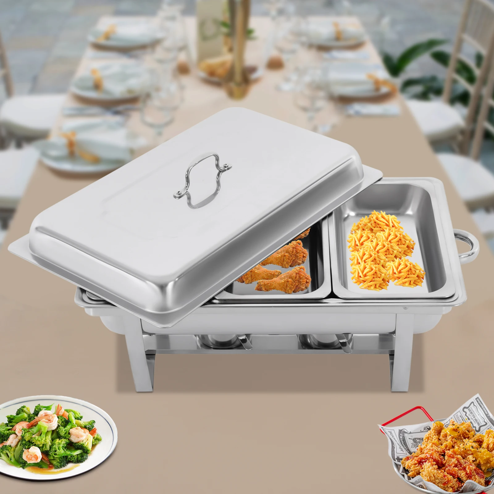 7.5L Stainless Steel Chafing Dish Buffet Set Silver Rectangular Catering Chafer Warmer Set with Folding Frame for Party Banquet