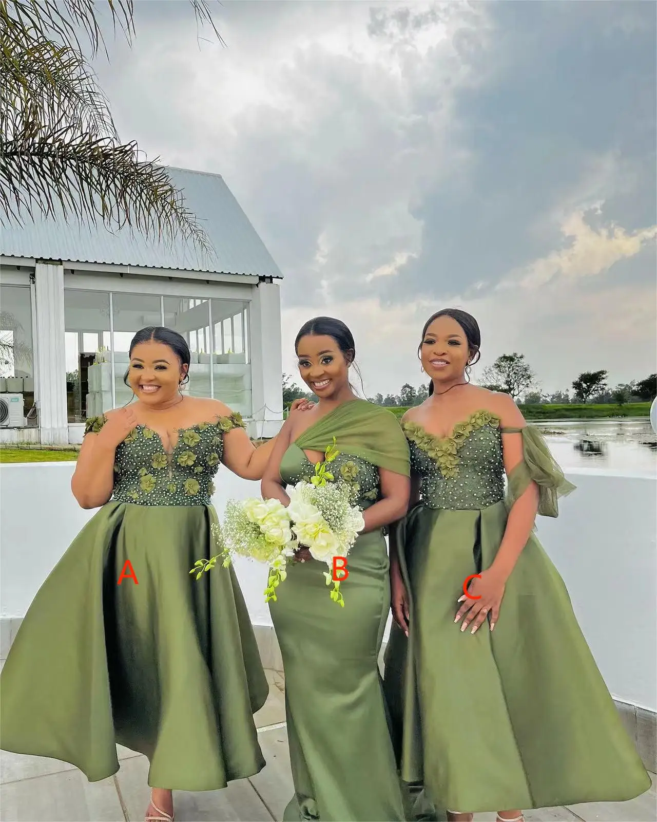 Customized Olive Green Bridesmaid Dresses Pearls Hand Made Flowers A Line Wedding Guest Party Dresses