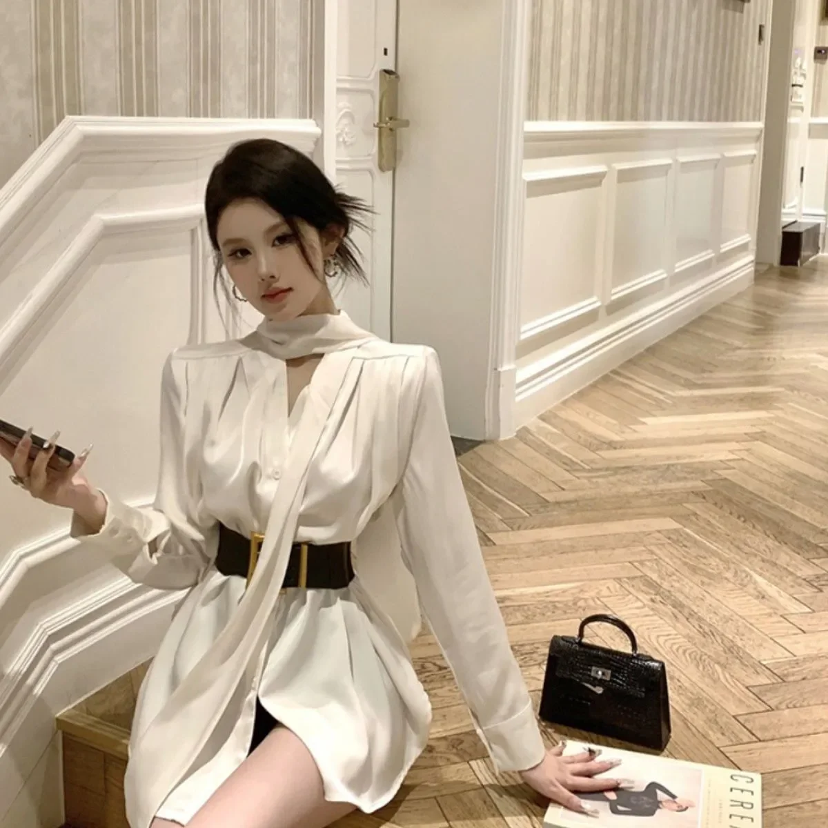 

French Shirt Dress Women's 2026 Spring Summer New High-End Medium Long Satin Neck V-Neck Ribbon Waist Shirt Dresses