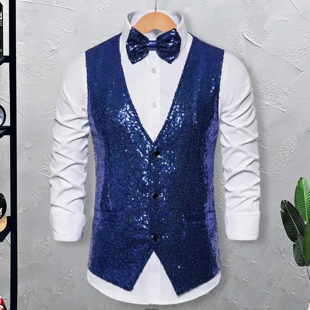 

Sparkly Vest with Bow Sequin Slim Fit V Neck Men's Waistcoat with Bow-knot for Stage Performance Compere Emcee Sleeveless