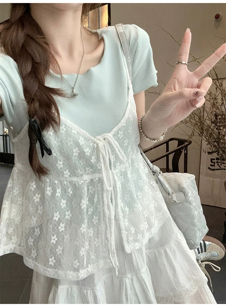 

Elegant Lace Layered Short Sleeve Top | Ruffle Edge Cami Inner | Designer Chic Summer Tee