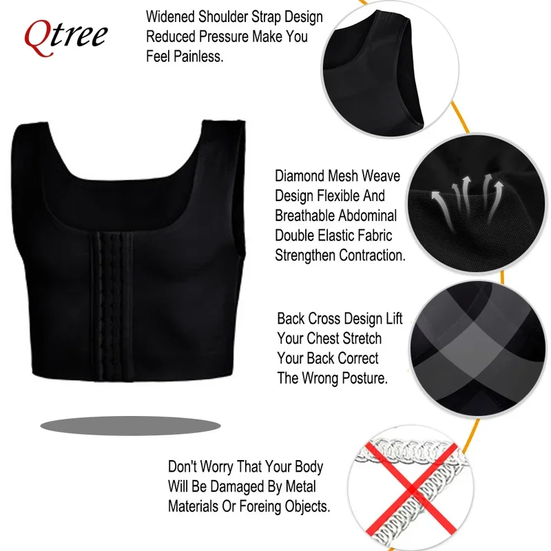 Qtree Men Body Shaper Slimming Chest Push Up Corset Compression Waist Trainer Building Sleeveless Vest Correct Posture Hook Vest