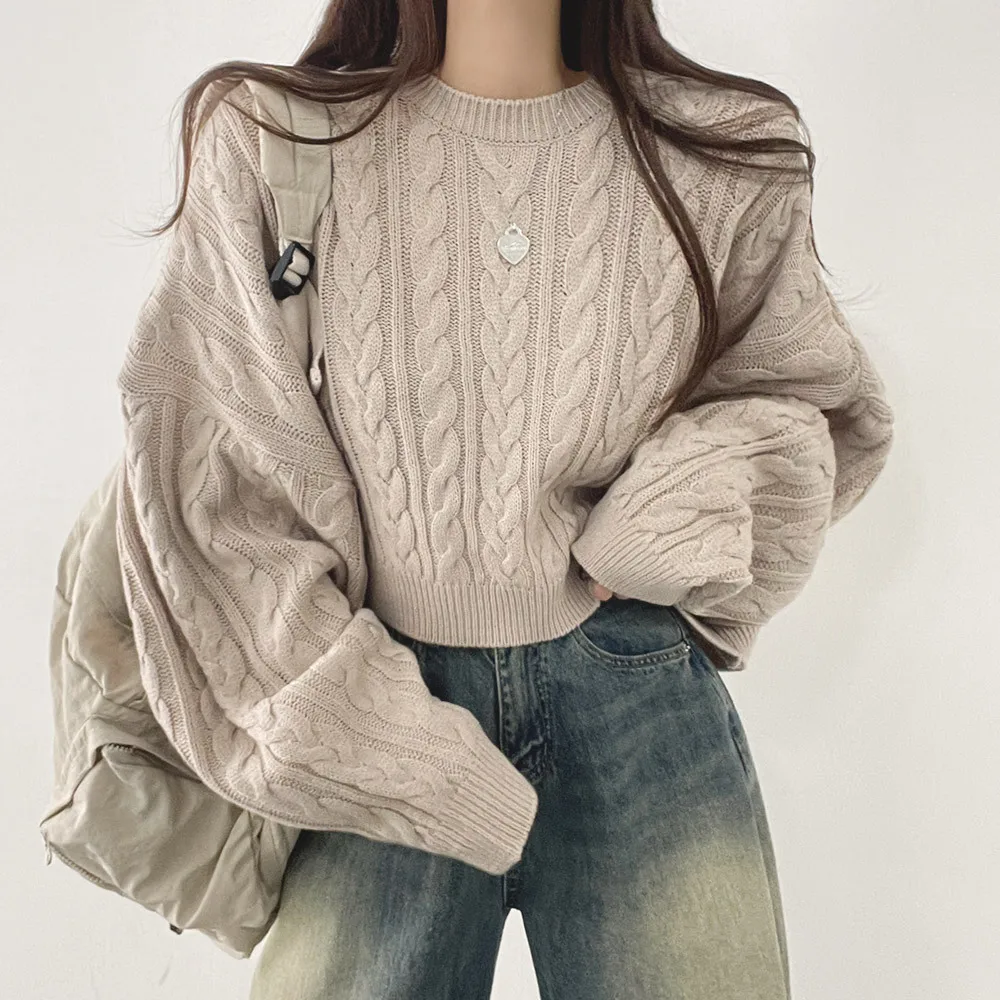 2024autumn/winter Women's Pullover Sweater Loose Solid Colour Long Sleeve Sweaters O-neck Stranded Knit Top Women's Clothing Y2k