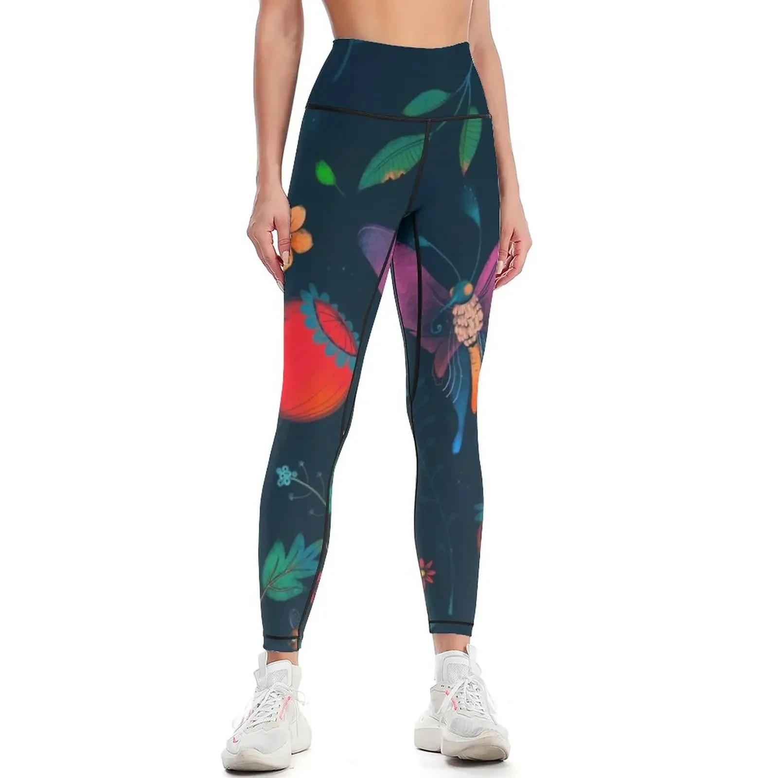 

Night meadow with leaves, flowers and butterflies Leggings Women's fitness Women's pants Pants sport Womens Leggings