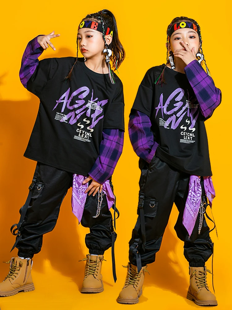 Street Dance Costume Kids Hip-Hop Dancing Outfit Concert New Hip Hop Girls Clothes Loose Sweater Black Cargo Pants Boys