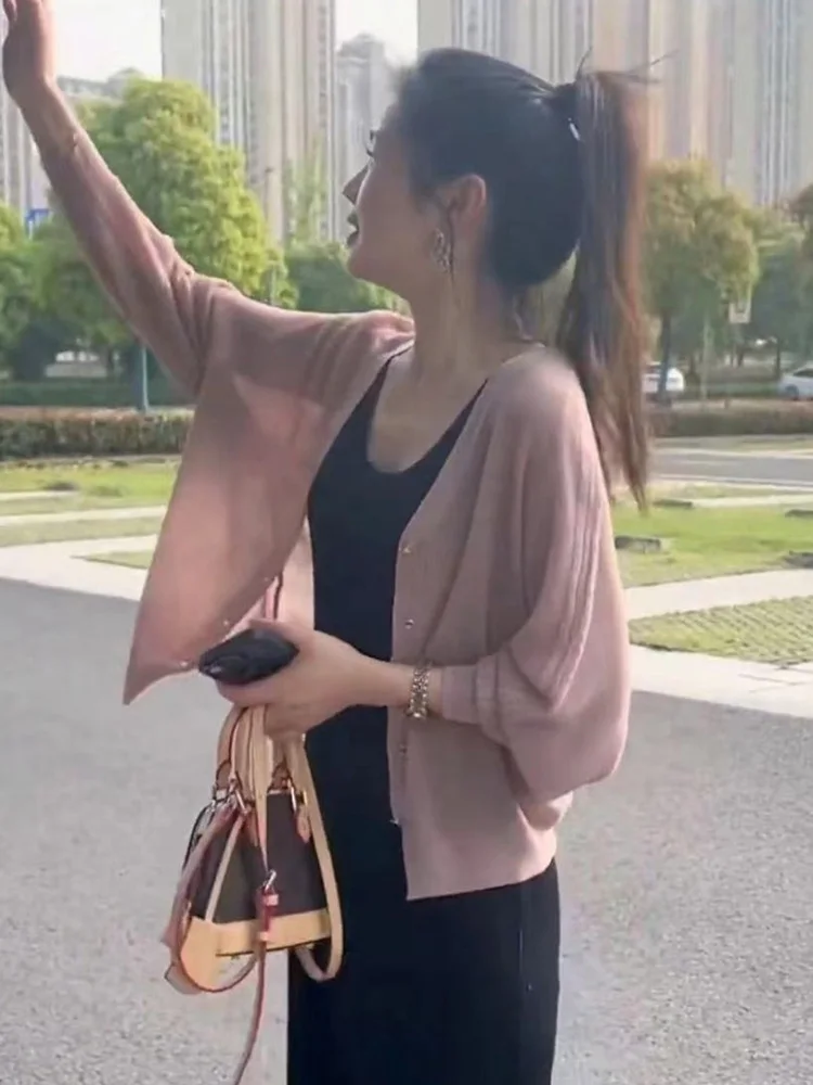 

Women's Summer Thin Batwing Sleeve Cardigan Ice Silk Sun Protection Top Knitted Wrap Shoulder Outerwear with Sling Dress