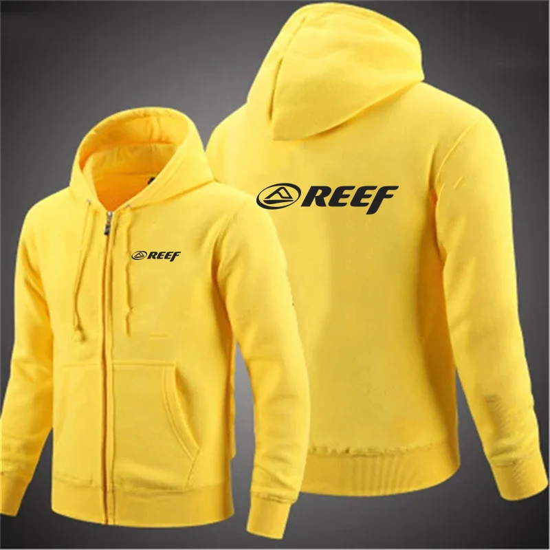 Reef cárdigan con capucha para hombre, chaqueta Jacquard con bolsillo y cremallera, deportes, Fitness, ocio al aire libre, correr, ropa deportiva de Color sólido