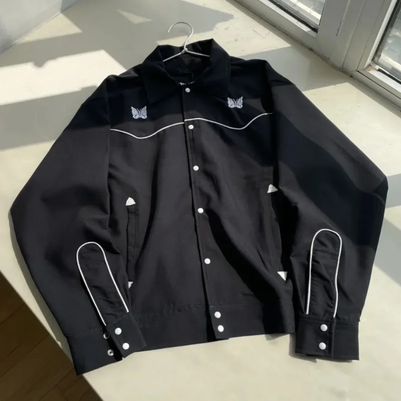 Oversized 1:1 Quality White Embroidered Butterfly Black Coat Fashion Street Palace Suit Casual Loose Men Women Buckle Jackets