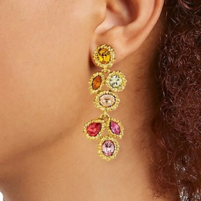 Europe and the United States wind long retro old warm color colorful diamond sweep shoulder earrings female party jewelry female