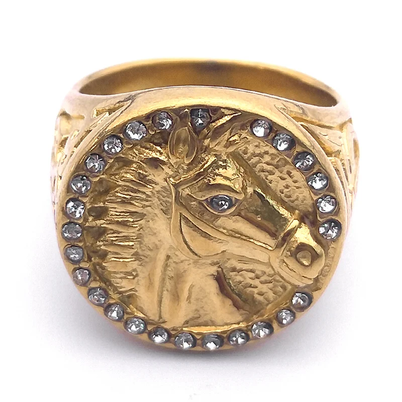 Hip Hop Punk Horse Head Ring for Women Men Stainless Steel Shiny Rhinestone Gold Color Horsehead Finger Rings Jewelry RRR541S03