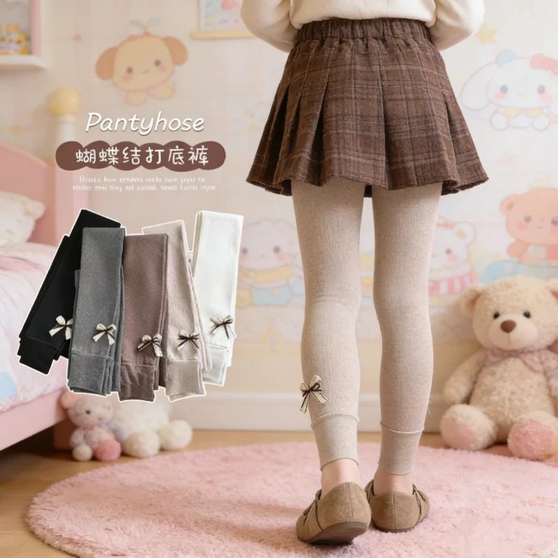

Fashion Sweet Girls Vertical Striped V-Waist Nine-Point Leggings with Cute Bow Design Trendy Style Soft Comfortable High Elastic