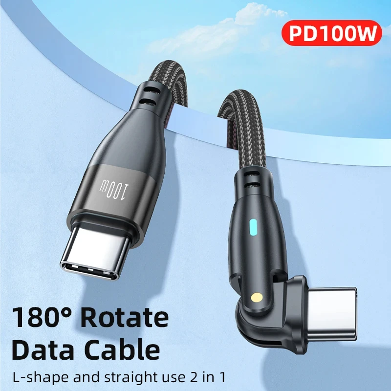

100W Elbow Degree Rotation 5A 20V Fast Charging USB Type C to Type C Data Cable Game Wire for iPhone 15 Samsung S23 S22 Xiaomi