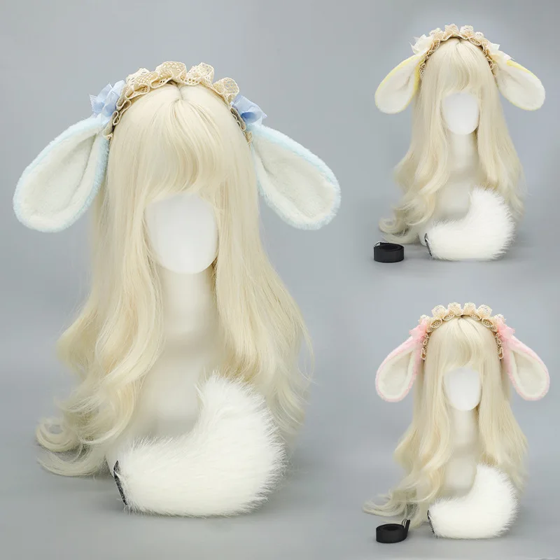 Lolita Alice กระต่ายหูคอสเพลย์สีขาวกระต่ายฮาโลวีนเครื่องแต่งกาย Props Kawaii สัตว์หู Headpiece แฟนซีชุด