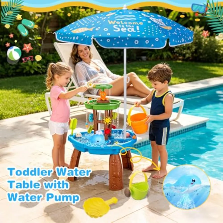Outdoor water table for kids aged 3-8: plastic sensory play table with blue auto water-absorbing pump, white umbrella, and beac
