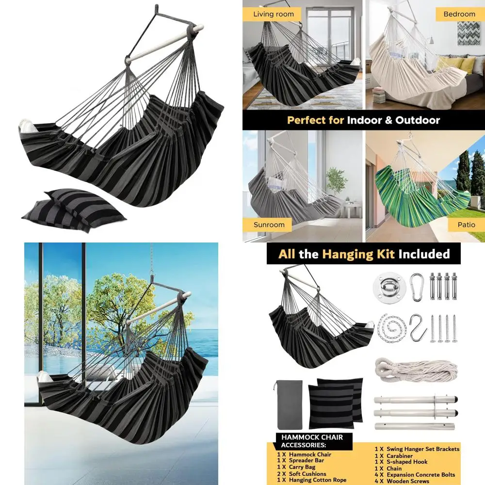 

Large Capacity Hanging Hammock Swing Chair with Footrest, 500lbs Weight Limit, Steel Frame, Anti-Slip, 2 Cushions, Pocket, Suita