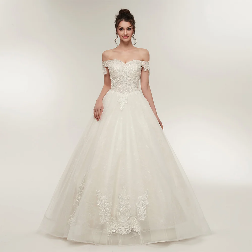 

Exquisite Appliques Lace Wedding Dresses Lace Up Back Formal A-Line Floor Length Strapless Off the Shoulder Tulle Half Sleeves