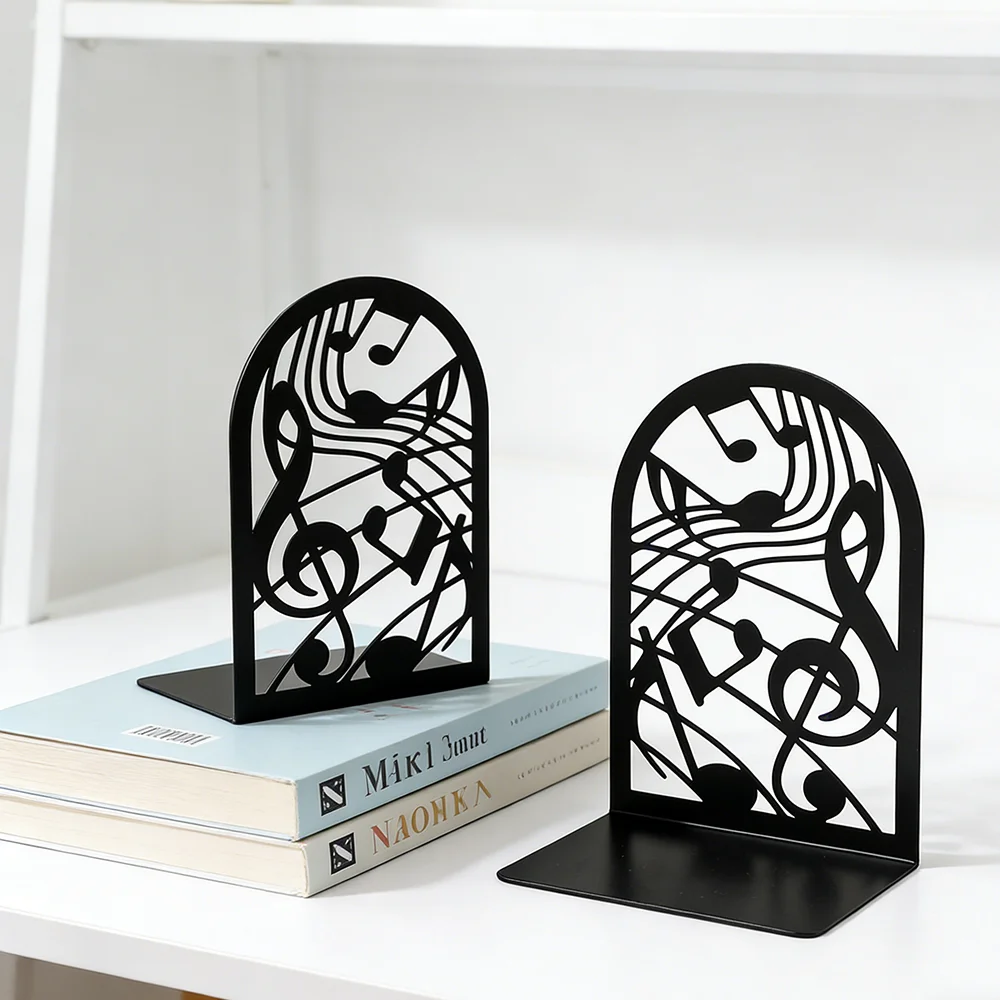 Musical Metal Book Ends Non-Skid Black Unique Bookend Decorative Heavy Book Ends for Shelves Heavy Duty Support Stoppers