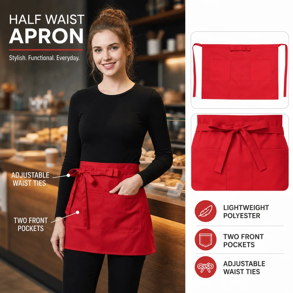 New Two Pockets Waist Apron Short Bow Detail Server Apron Tie Straps Antifouling Half Aprons Restaurant Serving
