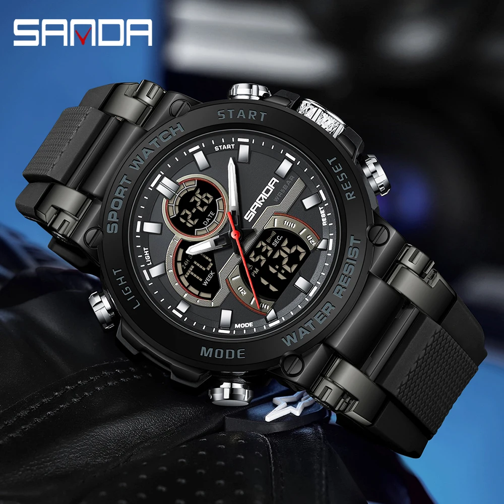 

SANDA 6183 Fashion Men Alarm Clock Sport Watch Double Display Multi Functional Waterproof Watch Rubber Strap Men Watche 2025