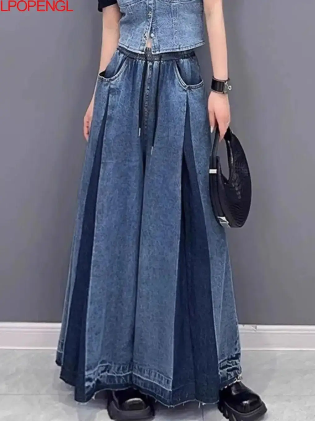 

Contrast High Waisted Streetwear Denim Wide Leg Pants Woman Autumn And Winter Retro Patchwork Drawstring Oversized Do Old Jeans