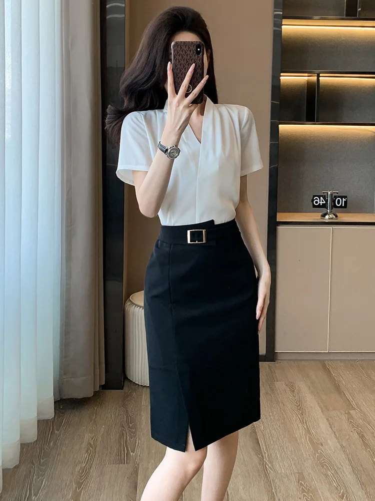 Business short sleeveVWomen's Collar Shirt Summer2024New Business Suit CommuteOLWork Clothes Chiffon Temperament Shirt