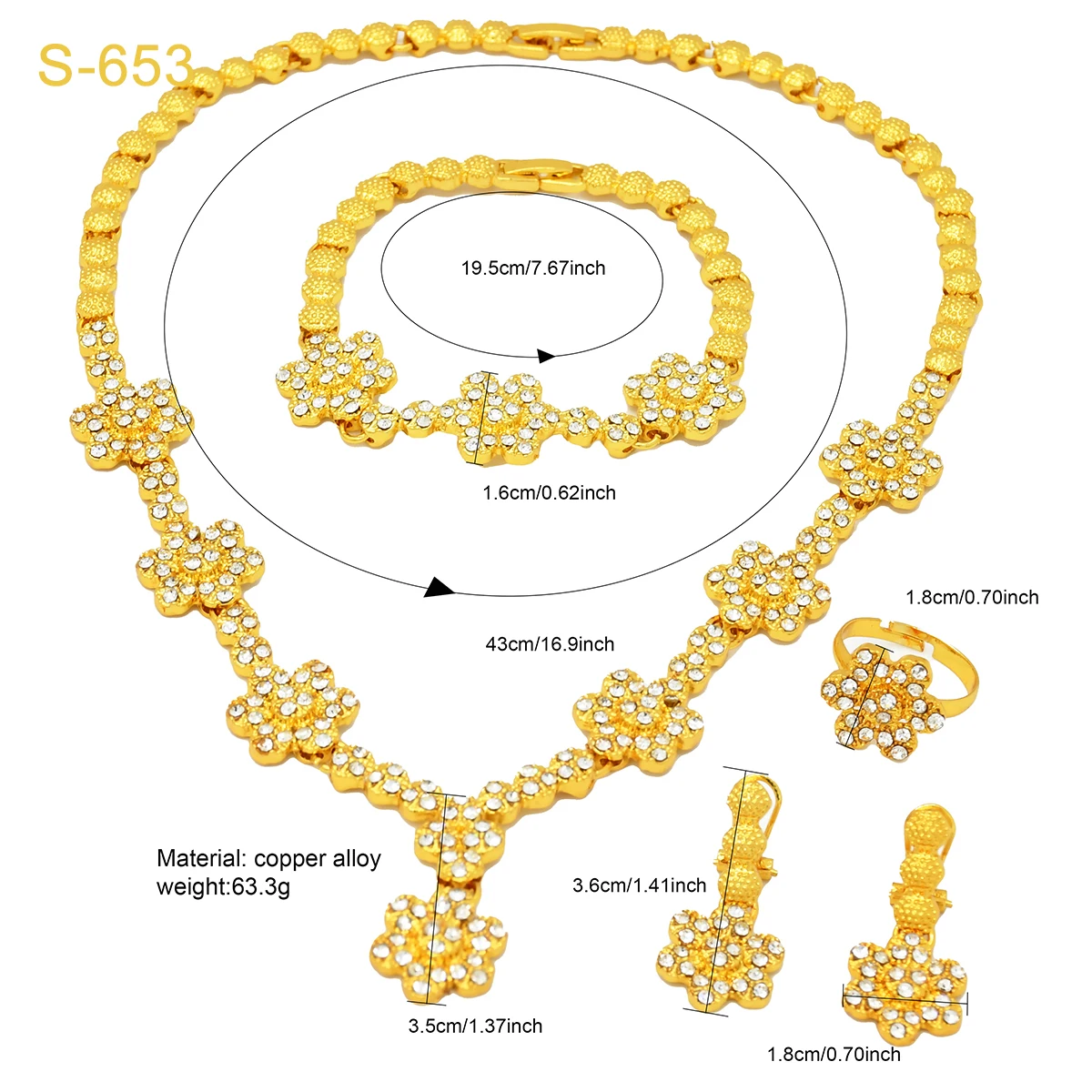 XUHUANG Dubai Bridal 24k Gold Plated Flower Crystal Necklace Sets for Grils Ethiopian Wedding Indian Party Jewelry Gifts