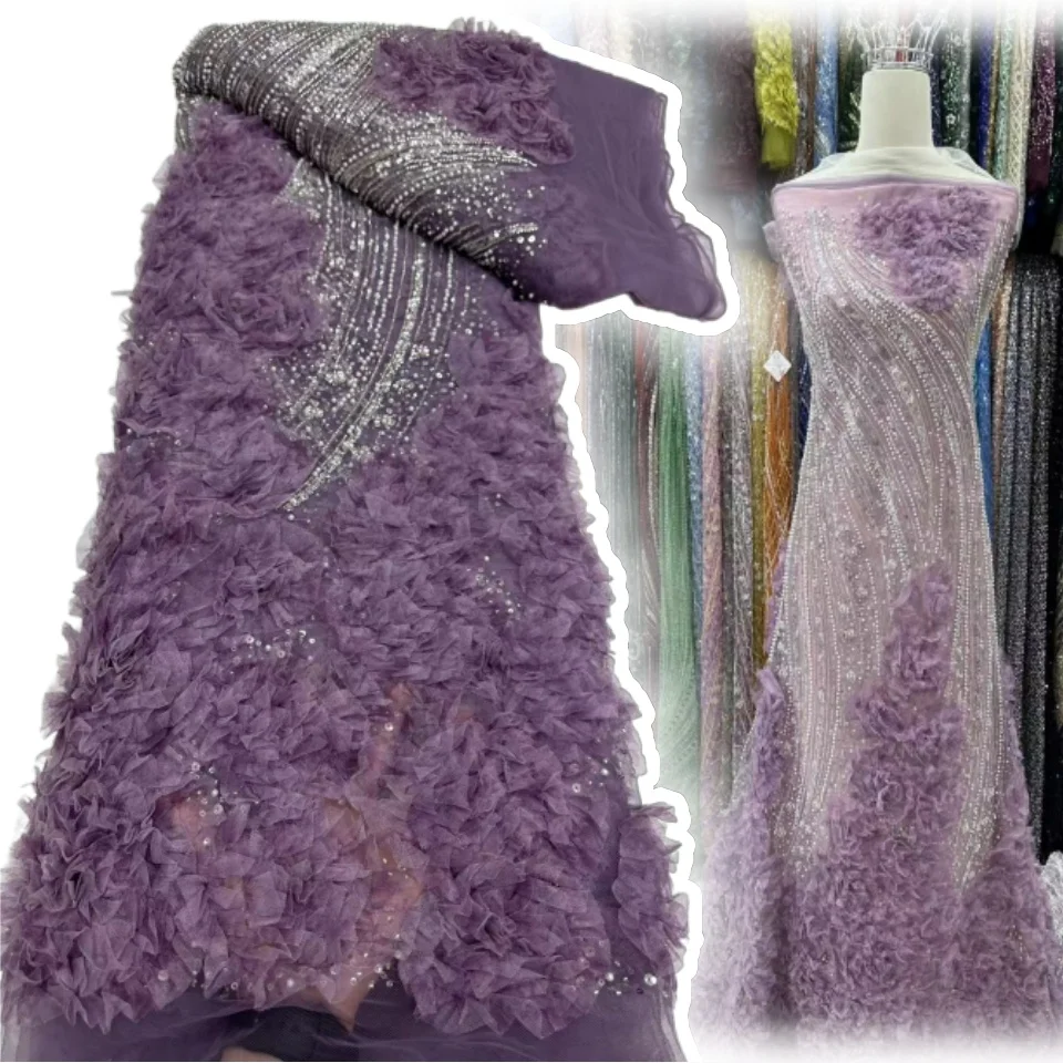 

African 3D Flower Beaded Fabric, Sequins Embroidery, French Tulle, Mesh Lace Fabric for Wedding, Luxury Fashion,5 Yards, SZ1299