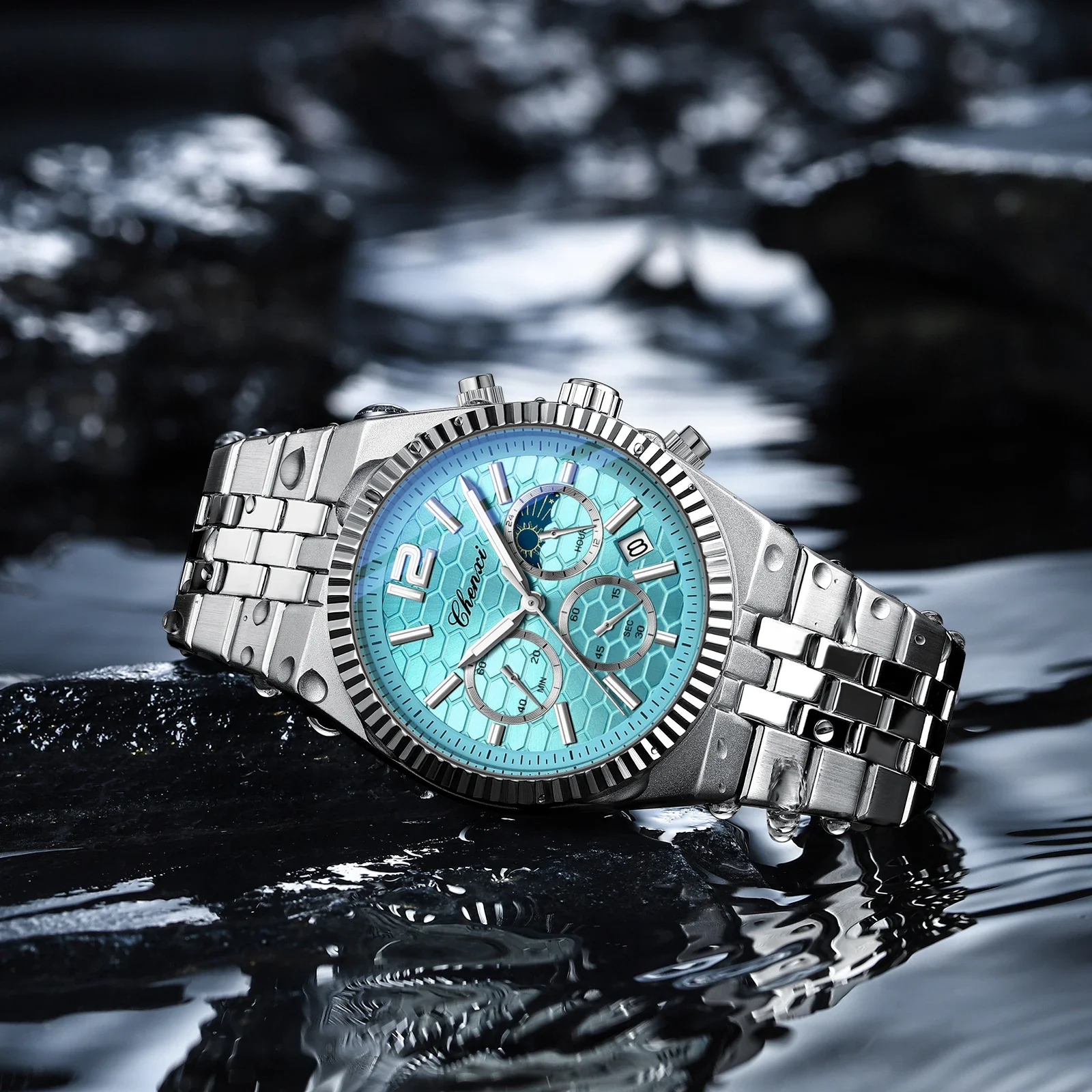 ساعة كوارتز رجالية أصلية من CHENXI مقاومة للماء كرونوغراف للأعمال للرجال، ساعة يد مضيئة بحزام فولاذي أنيق للرجال