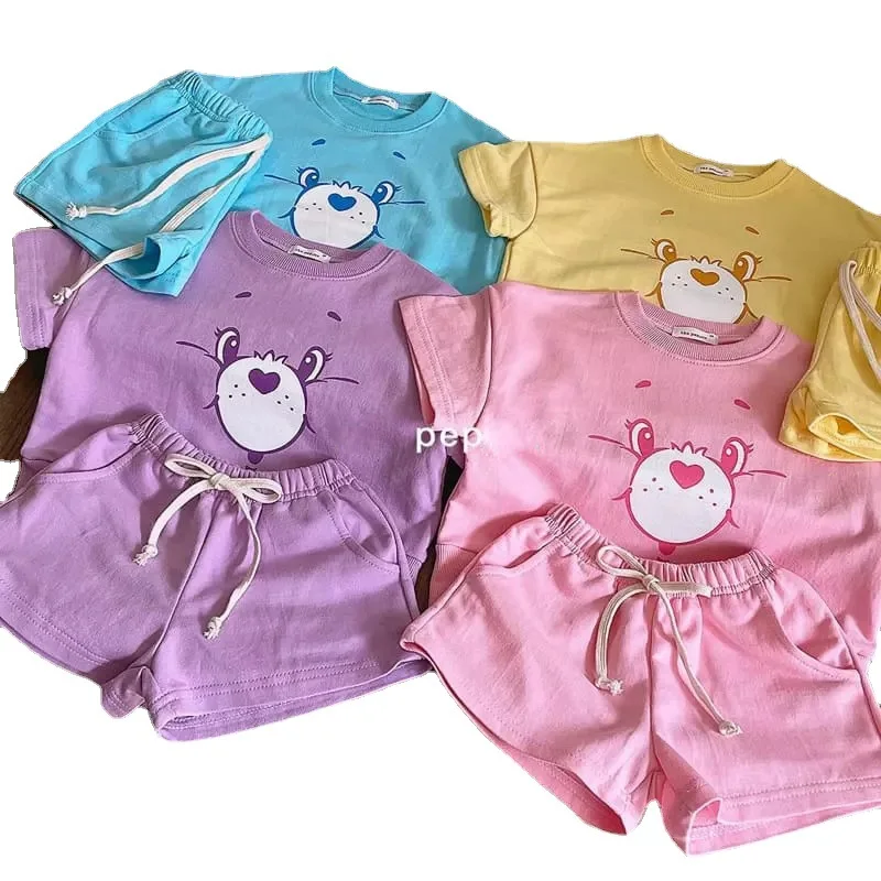 2024 New Korean Kids Short Sleeve Suit Cartoon Bear Girls Boys Set Summer Tops + Short Baby Clothes Children\'s Wear 0-5 Years